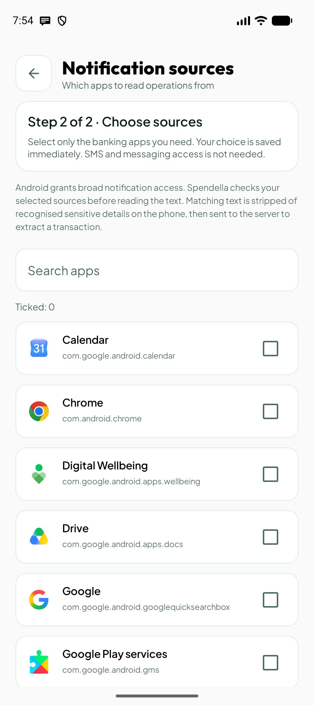 Choosing notification source apps in Spendella
