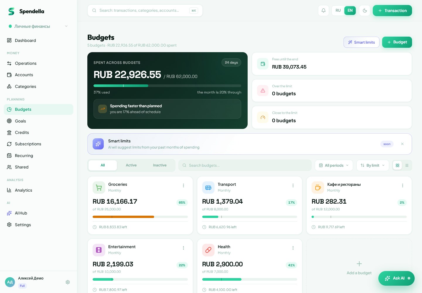 Category budgets with limits and spending progress