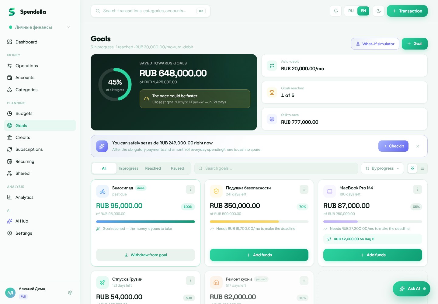 Financial goals and savings progress in Spendella
